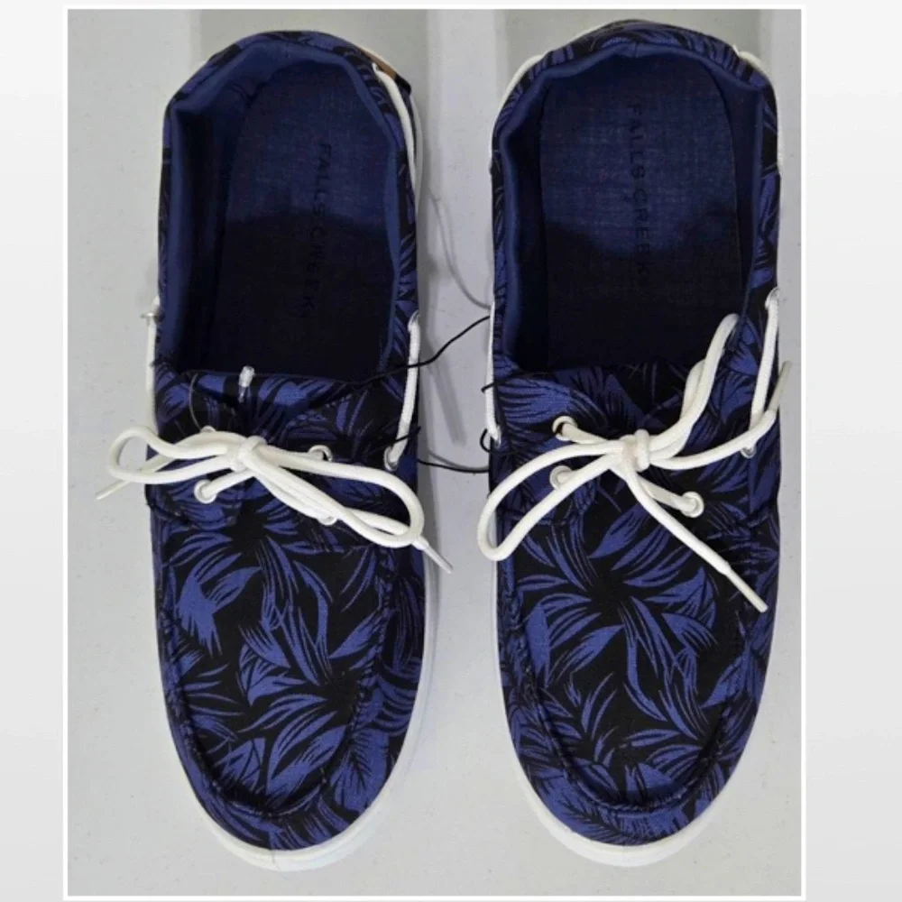 New Falls Creek Shoes Mens Size 13 Boat Black & Blue Leaf Casual Slides NWT